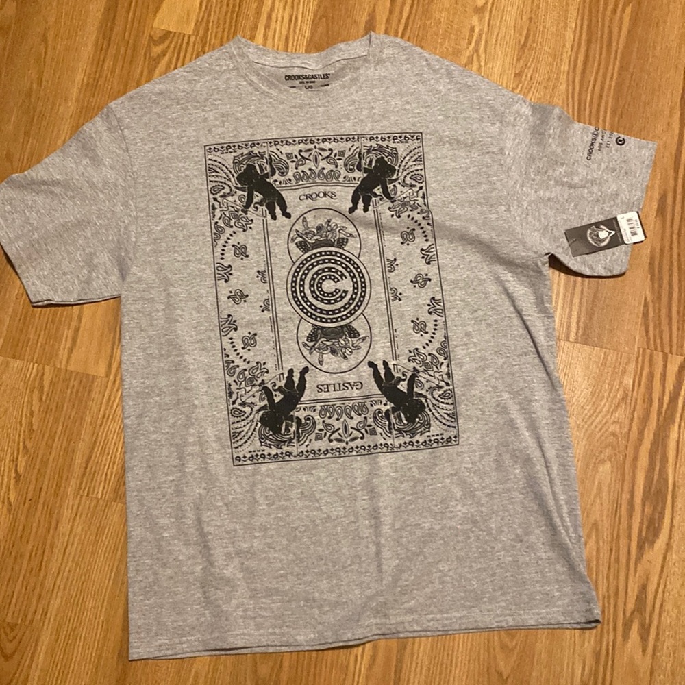 NWT Crooks&Castles grey&black designed short sleeve men crew neck t-shirt LG &XL